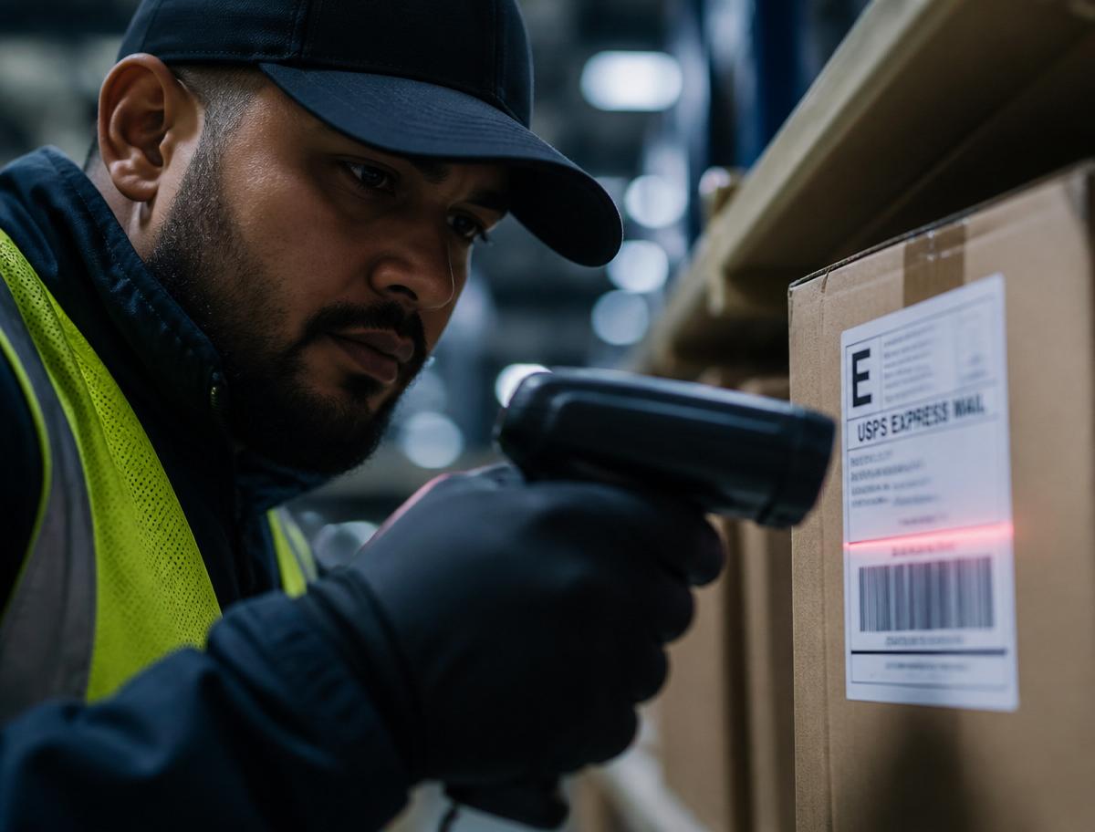 Mitarbeiter scannt das Label einer Sendung im Lager